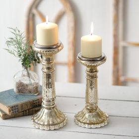lightSet of Two Mercury Glass Pillar Candle Holders